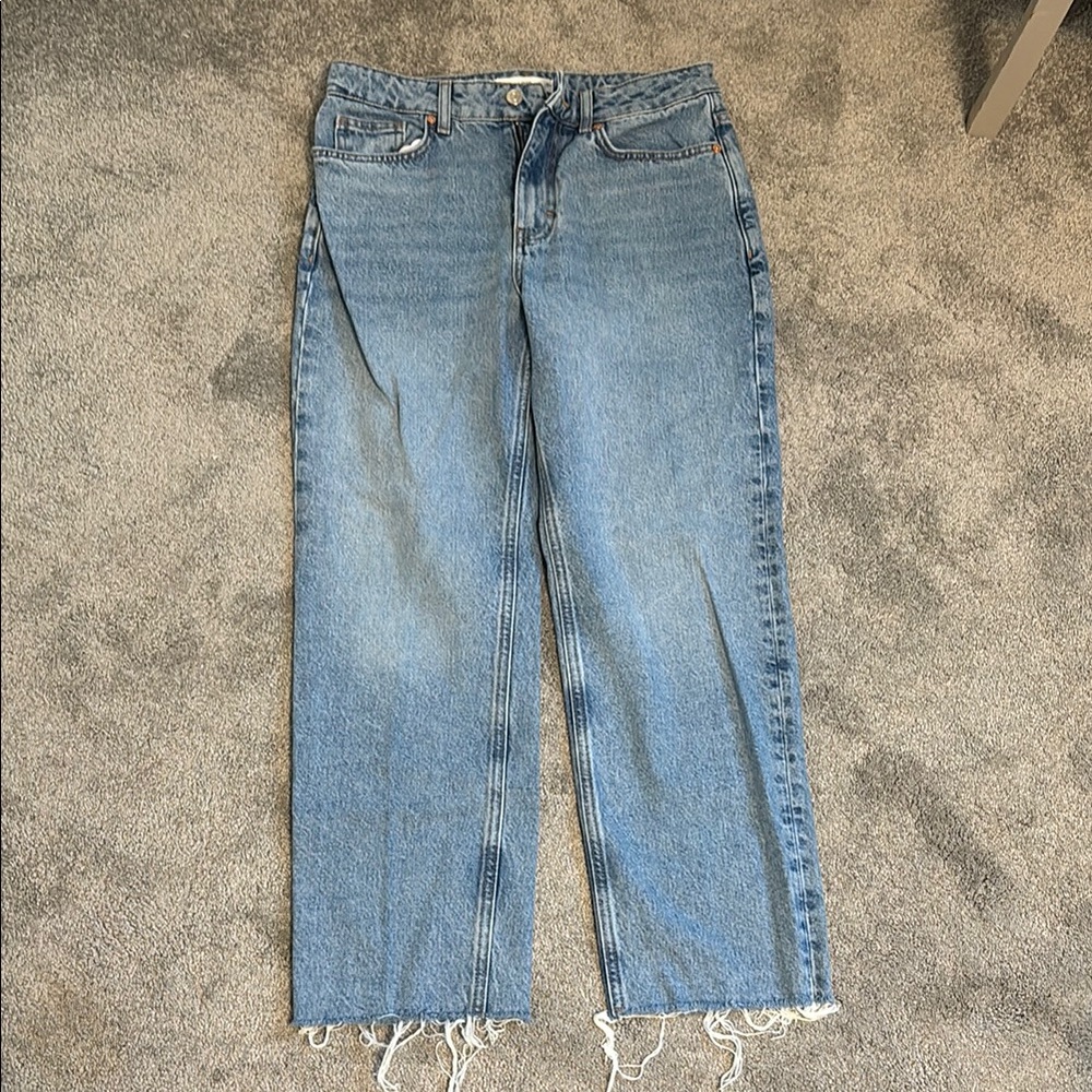 Mango Blue Straight Leg Jeans with Frayed Hem